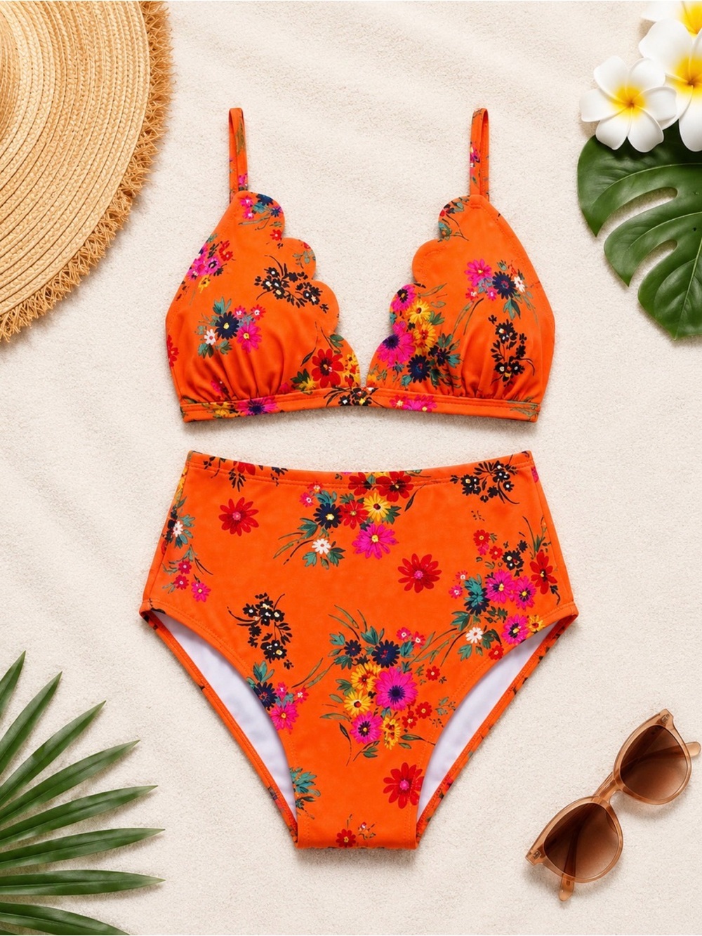 XHILARATION Orange/Red High Waisted Floral Bikini with Scalloped Details